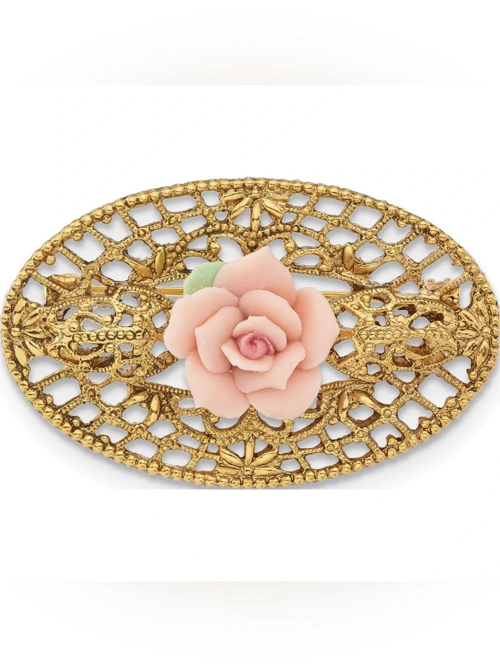 Vintage 1928 Jewelry Gold-Tone Filigree Pink Rose Porcelain Flower Brooch